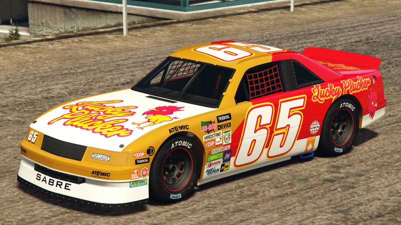 파일:HotringSabre-GTAO-Liveries-65-LuckyPlucker-Yellow-FrontQuarter.png