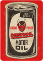 오래된 엔진 오일 캔이 그려진 빈티지 Demonoil 간판.