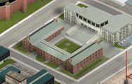 Grand Theft Auto III 출시 전 리버티 시티 커뮤니티 칼리지의 항공 뷰. 중앙 캠퍼스 건물이 최종 게임 버전과는 상당히 다릅니다.