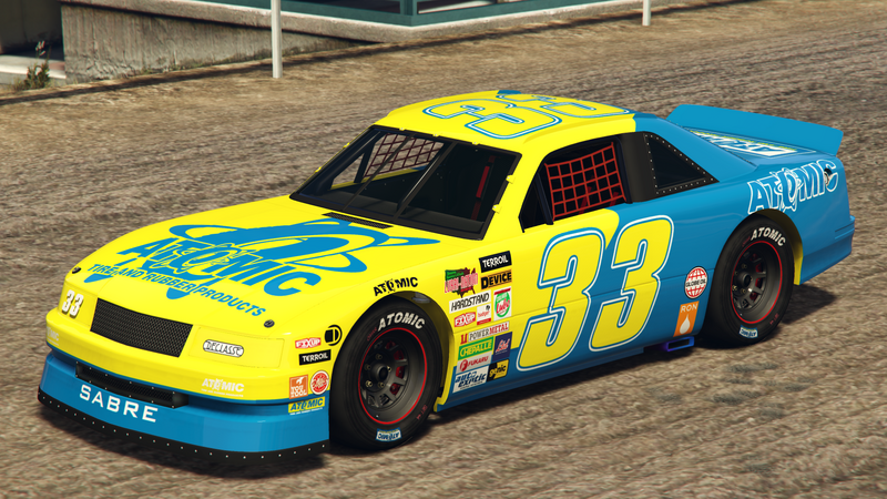 파일:HotringSabre-GTAO-Liveries-33-AtomicTires-Yellow-FrontQuarter.png