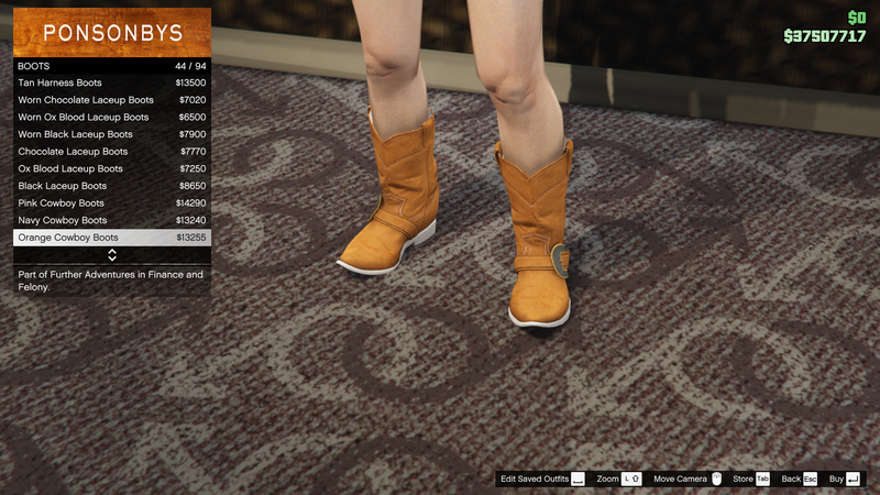 파일:FurtherAdventuresinFinanceandFelony-GTAO-FemaleShoes-Boots3-OrangeCowboyBoots.png