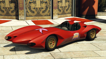 GTA 온라인의 임포턴트 레이지 상표가 적용된 스크램제트. (후방 쿼터 뷰)