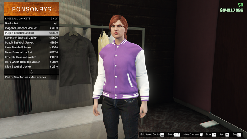 파일:SanAndreasMercenaries-GTAOe-FemaleTops-BaseballJackets2-PurpleBaseballJacket.png