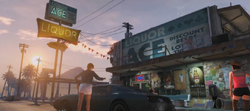 GTA V 첫 번째 예고편에 등장한 Ace Liquor(GTA). 최종 버전과는 네온 패턴이 다름.