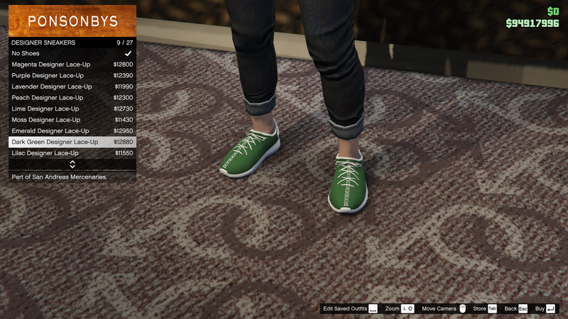 파일:SanAndreasMercenaries-GTAOe-FemaleShoes-DesignerSneakers8-DarkGreenDesignerLaceUp.png
