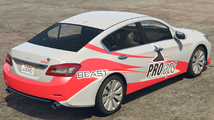 GTA 온라인에서 "프로랩스 Beast" 도색을 한 차보스 V6 차량. 뒷펜더에 Beast 브랜드 로고가 있습니다.
