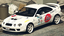 Grand Theft Auto 온라인의 LTD Rally 상징이 적용된 Calico GTF. (후면 쿼터 뷰)