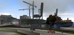GTA III에서 본 포틀랜드 항구(북동쪽 방향), 트렌턴에서 촬영. 우측에 레 카고가 보임.