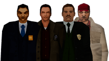 두 가지 초기 모델(왼쪽)과 최종 버전(오른쪽)의 비교, 그리고 GTA III에서의 원본 범용 보행자 모델 "LI_MAN2"(맨 오른쪽).