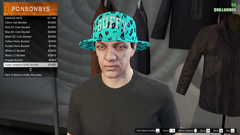 파일:BottomDollarBounties-GTAOe-MaleHats-CanvasHats12-CyanLeopardGüffyBucket.png