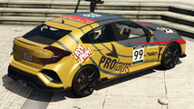 GTA 온라인에서 "Racer 99" 도색을 한 스고이 차량. 조수석 문에 Beast 브랜드 로고가 있습니다.