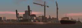 GTA III에서 동쪽 바다에서 본 모습(북서쪽 방향), 레 카고가 사라진 모습.
