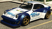 GTA 온라인에서 오토 이그조틱 상징이 적용된 코멧 레트로 커스텀. (후측면 보기)