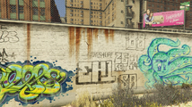 Grand Theft Auto V 내 LSDWP 바인우드 변전소 뒤편에 있는 그로브 스트리트 패밀리즈 낙서.