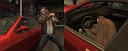 GTA IV에서 무인 차량을 훔칠 때의 일반적인 애니메이션 시퀀스. 플레이어는 침입 후 앞문 창문을 깨고 차량의 시동선을 연결해야 한다.