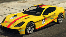 GTA 온라인의 알트 모터 마켓 상징이 적용된 이탈리 GTO. (후측면)