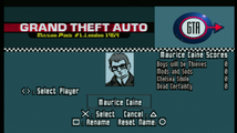 캐릭터 선택 메뉴에서의 모리스 케인 (GTA 런던 1969, PlayStation 버전).