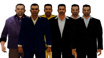 왼쪽부터: GTA III에서의 토니 시프리아니 원본 모델, GTA: 리버티 시티 스토리즈에서의 캐릭터 개발 과정: 원본 외형을 기반으로 한 초기 모델, 홍보 스크린샷에서 보이는 두 가지 버전의 두 번째 모델, 거의 완성된 모델 및 최종 모델.