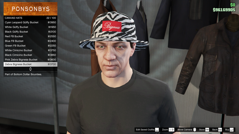 파일:BottomDollarBounties-GTAOe-MaleHats-CanvasHats21-ZebraBignessBucket.png