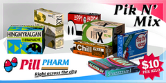 사일런서 팩이 포함된 Pill Pharm 광고 포스터.