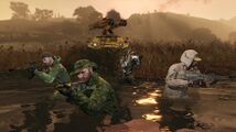 Mk II 무기로 무장한 플레이어 분대와 배경의 APC.