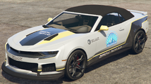 Grand Theft Auto 온라인에 등장하는 Declasse Pace Car 상징이 적용된 Vigero ZX Convertible. (후측면 보기)