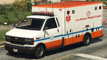 Grand Theft Auto V에 등장하는 LSMC 구급차 (후측면 모습).