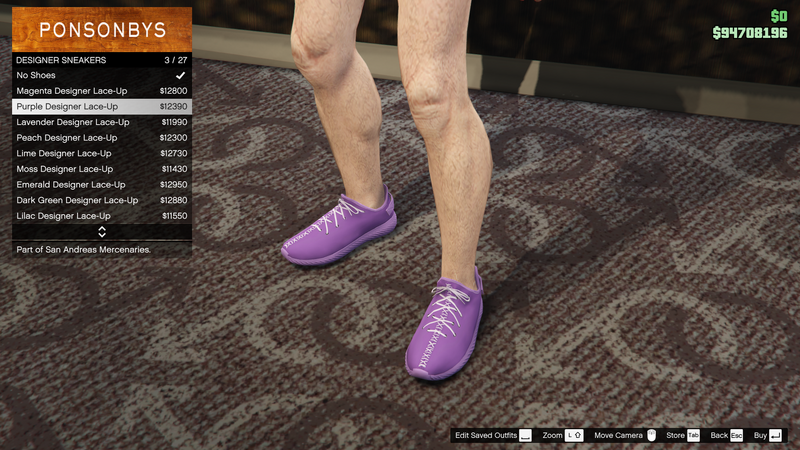 파일:SanAndreasMercenaries-GTAOe-MaleShoes-DesignerSneakers2-PurpleDesignerLaceUp.png