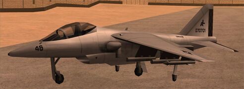 착륙 장치를 내리고 추력기가 아래로 향한 채 주차된 모습.